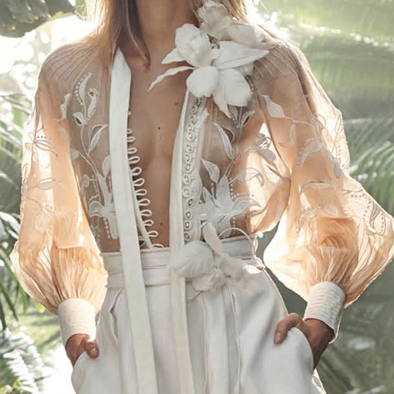  [LIVIVIO] Sheer Tops Embroidery Floral Long Lantern Sleeve Women Elegant Blouse Chiffon Shirt 2019 