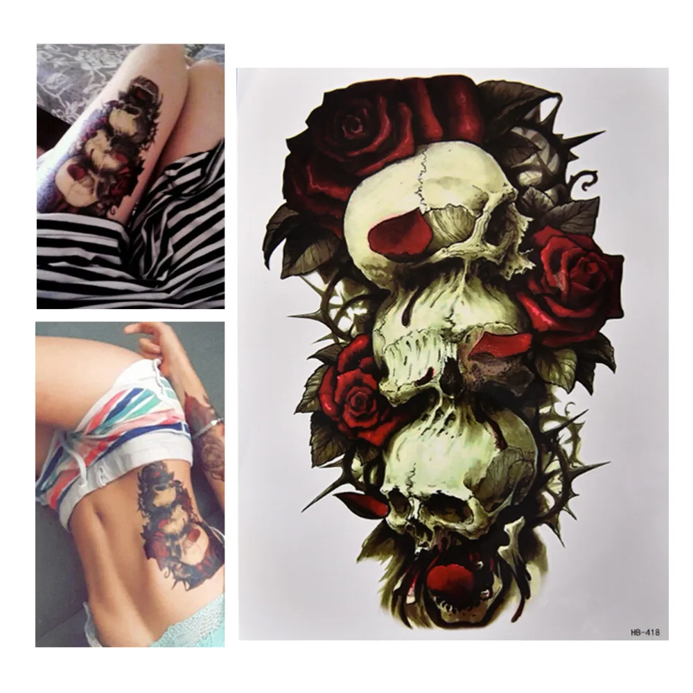 High Quality Waterproof Skull and Rose Temporary Tattoo Can be Removed Large Arm Body Art Tattoos Sticker