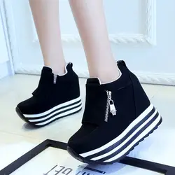 Корейская версия парусиновой женской обуви на толстой подошве, с боковой молнией, низкие тонкие туфли, Студенческая обувь