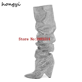 

Hot Sale Luxury Crystal Women Pointy Toe Knee High Boots Sexy Chunky Heel Boots Slip On Ladies Knight Boots Rhinestone Boots