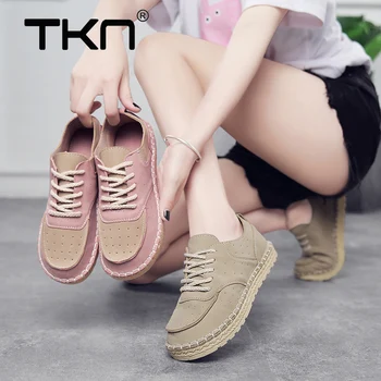 

TKN 2019 Spring Skateboarding Shoes Woman Suede Leather Breathable Pink Flat Sneakers Women Leisure Hard-Wearing Sport Shoes 677