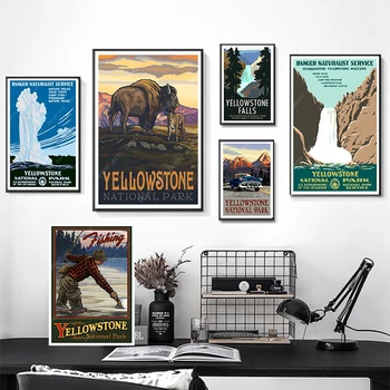 

Pop Yellowstone National Park Bear Sheep Travel Canvas Paintings Vintage Wall Kraft Posters Coated Wall Stickers Home Decor Gift