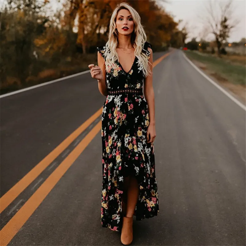 

2019 Elegant flower print lace maxi dress vestidos Sexy deep V neck backless summer dress Women boho asymmetrical long dress