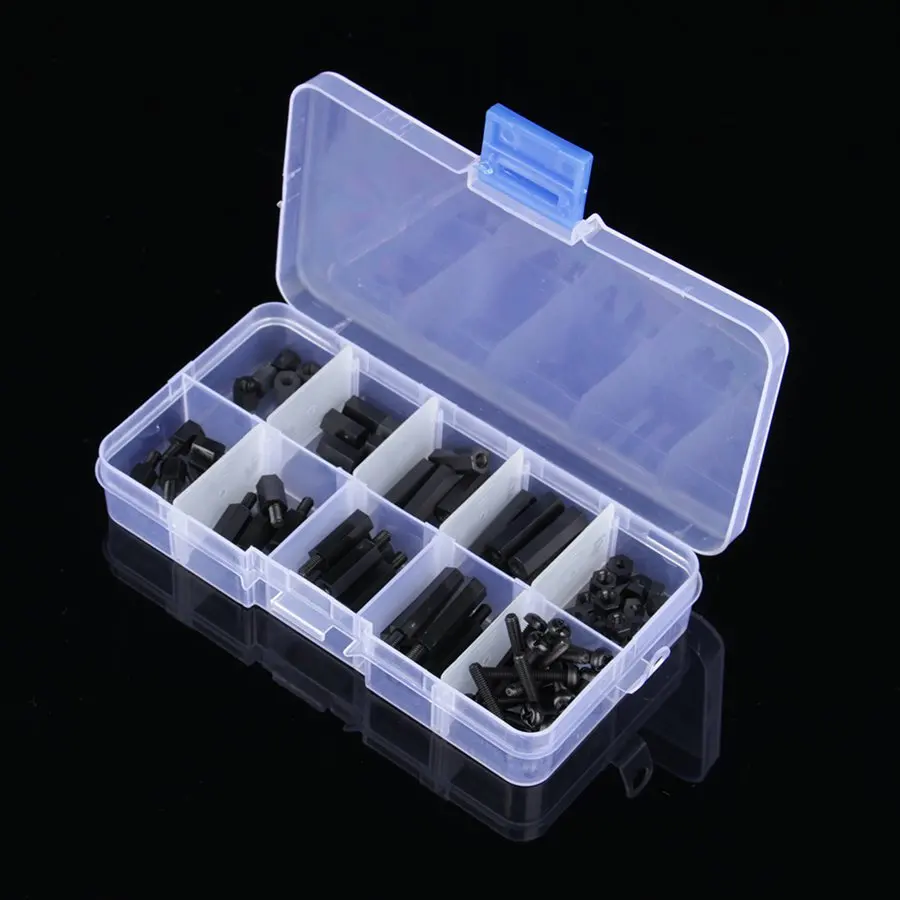 

Cheap Sale 88 Pcs/Set M3 Nylon Hex Screw Nut Assortment Kit Stand-off Plastic Set  Black / White Colors Rodamly
