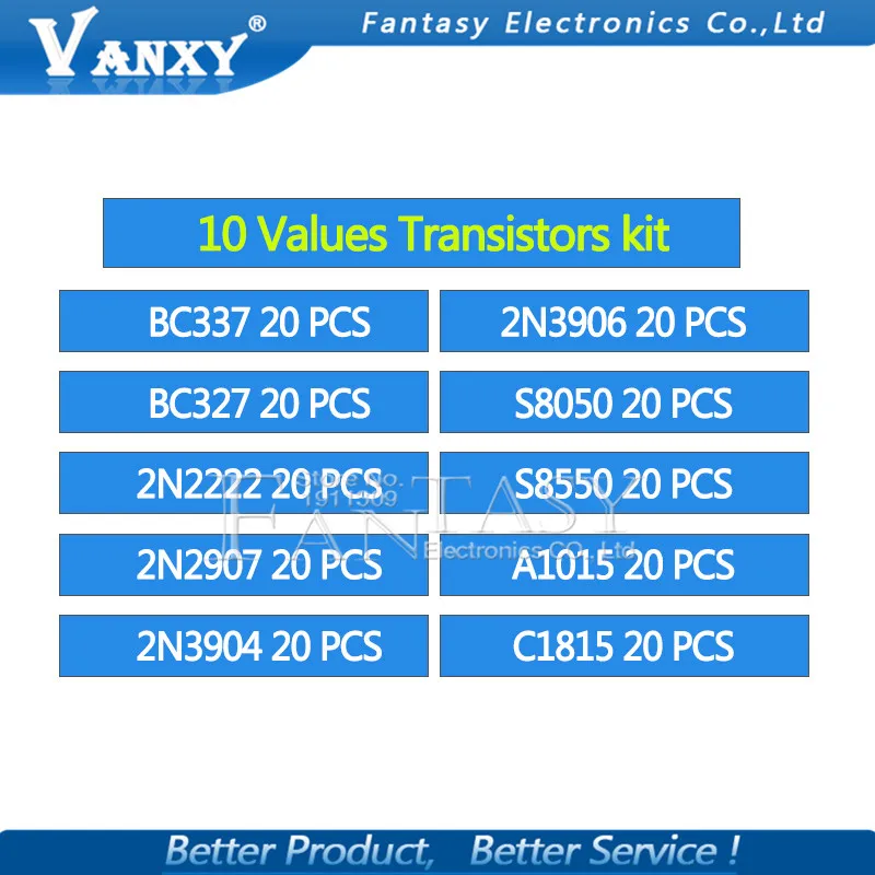 10value 200PCS BC337 BC327 2N2222 2N2907 2N3904 2N3906 S8050 S8550 A1015 C1815 Transistor Assortment Kit Transistors Box Pack transistors kit