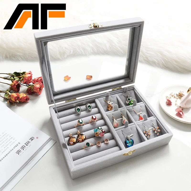 

AF 2018 Earrings Ring Box Velvet Glass Jewelry Display Box 3 Style 20*15*4.5cm Jewelry Tray Holder Casket Storage Organizer