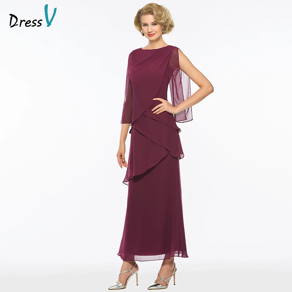 

Dressv grape ankle length scoop neck a line mother of bride dress with 3/4 sleeves tiered long mother evening gown custom size