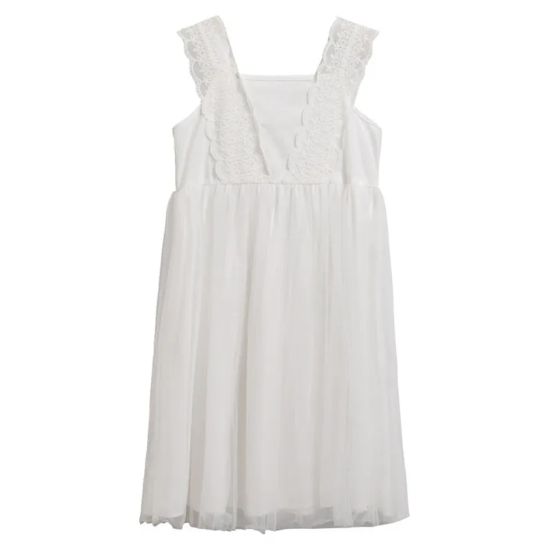 

kids & teenager girls 2019 summer lace tulle princess cotton flare dresses children fashion 4 to 14 years white dress clothing