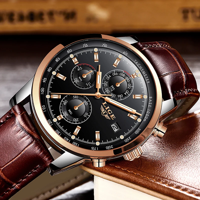 2018New LIGE Mens Watches Top Brand Luxury Leather Quartz Watch Men Military Sport Waterproof Clock Gold Watch Relogio Masculino