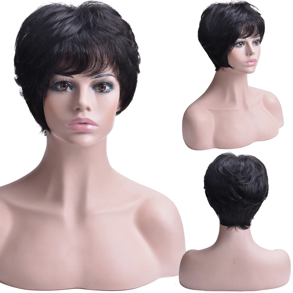 Short Human Hair Wigs With Baby with bangs Brazilian wavy Bob Wig For Black Women Remy | Шиньоны и парики