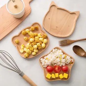 

Natural Beech Cartoon Food Tray Wooden Cup Breakfast Plate Large Solid Wood Tableware Cake Snack Fruit Tray Safe baby Food Bowl