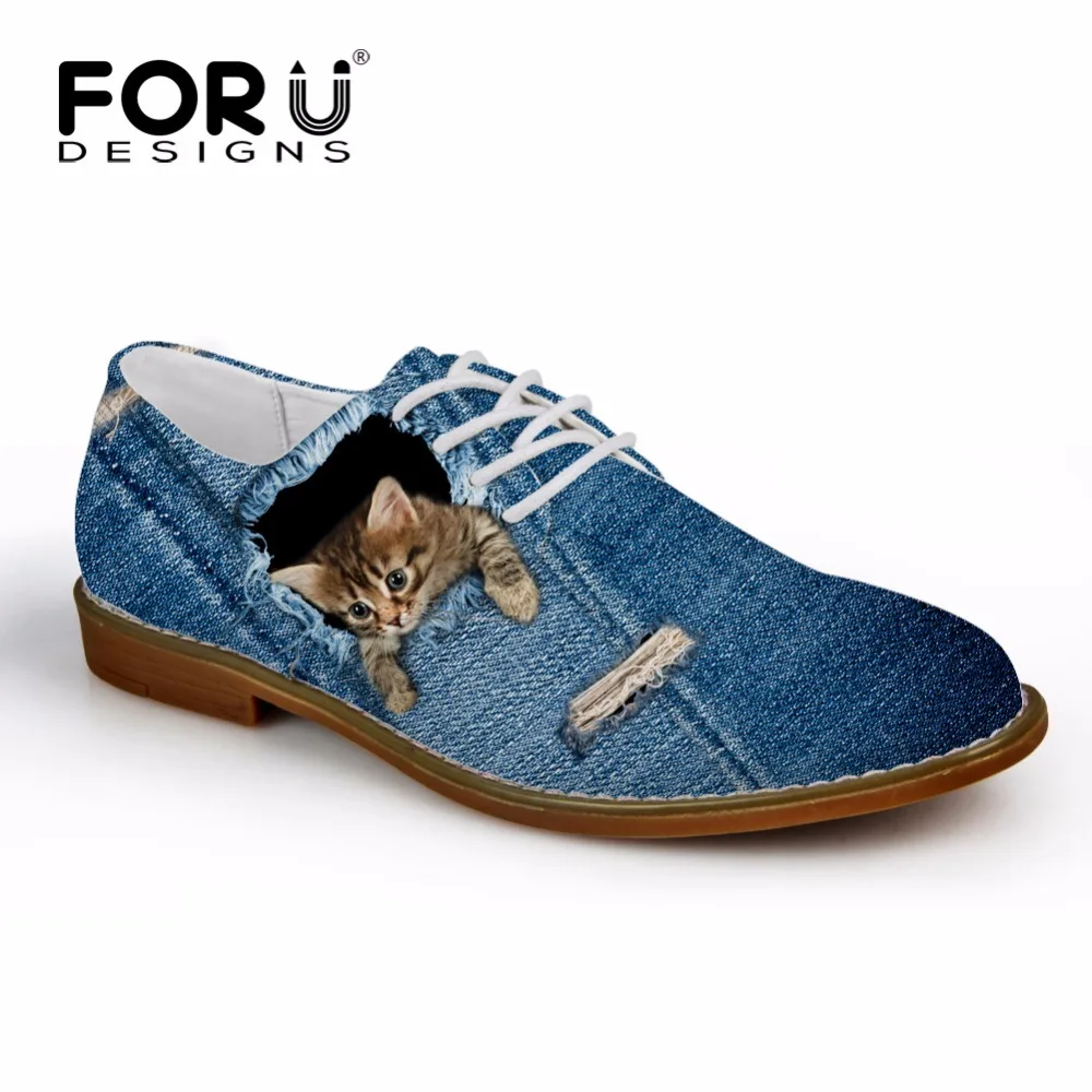 INSTANTARTS/; мужские повседневные кожаные туфли; синие джинсовые мужские оксфорды на шнуровке; дышащие мужские туфли на плоской подошве с объемным изображением волка и кота