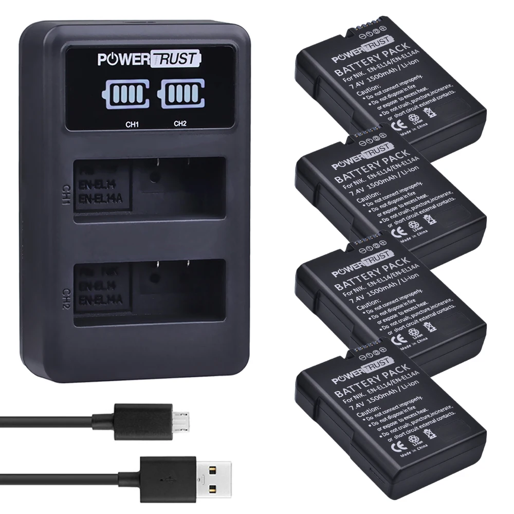 

PowerTrust 4x 1500mAh EN-EL14 EN-EL14a Battery + LED Dual USB Charger for Nikon D90 D300 D5300 D5200 D5100 D3300 D3200 D3100