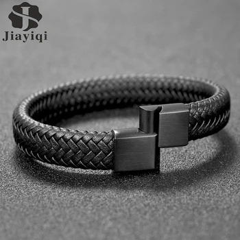 

Jiayiqi Punk Men Braided Leather Bracelet Jewelry Black/Brown Stainless Steel Magnetic Clasp Fashion Bangles 18.5/22/20.5cm