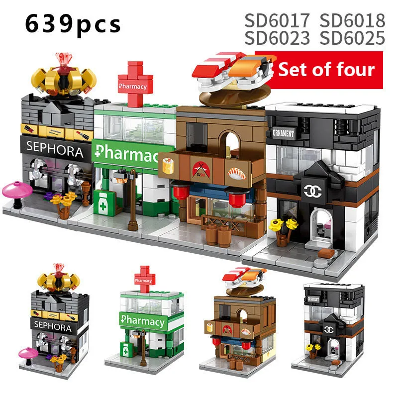 

4sets/ Compatible Children's Building Blocks Toy Mini City Street View Shop Series Diy Bricks Kid Gift With Original Box