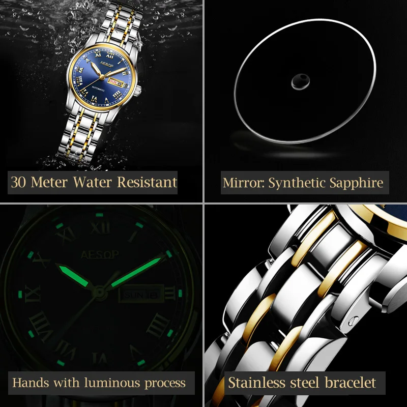 AESOP Women watches Ladies Japanese movement Automatic Mechanical Stainless Steel Auto Date Week Display Luminous relogio Clock
