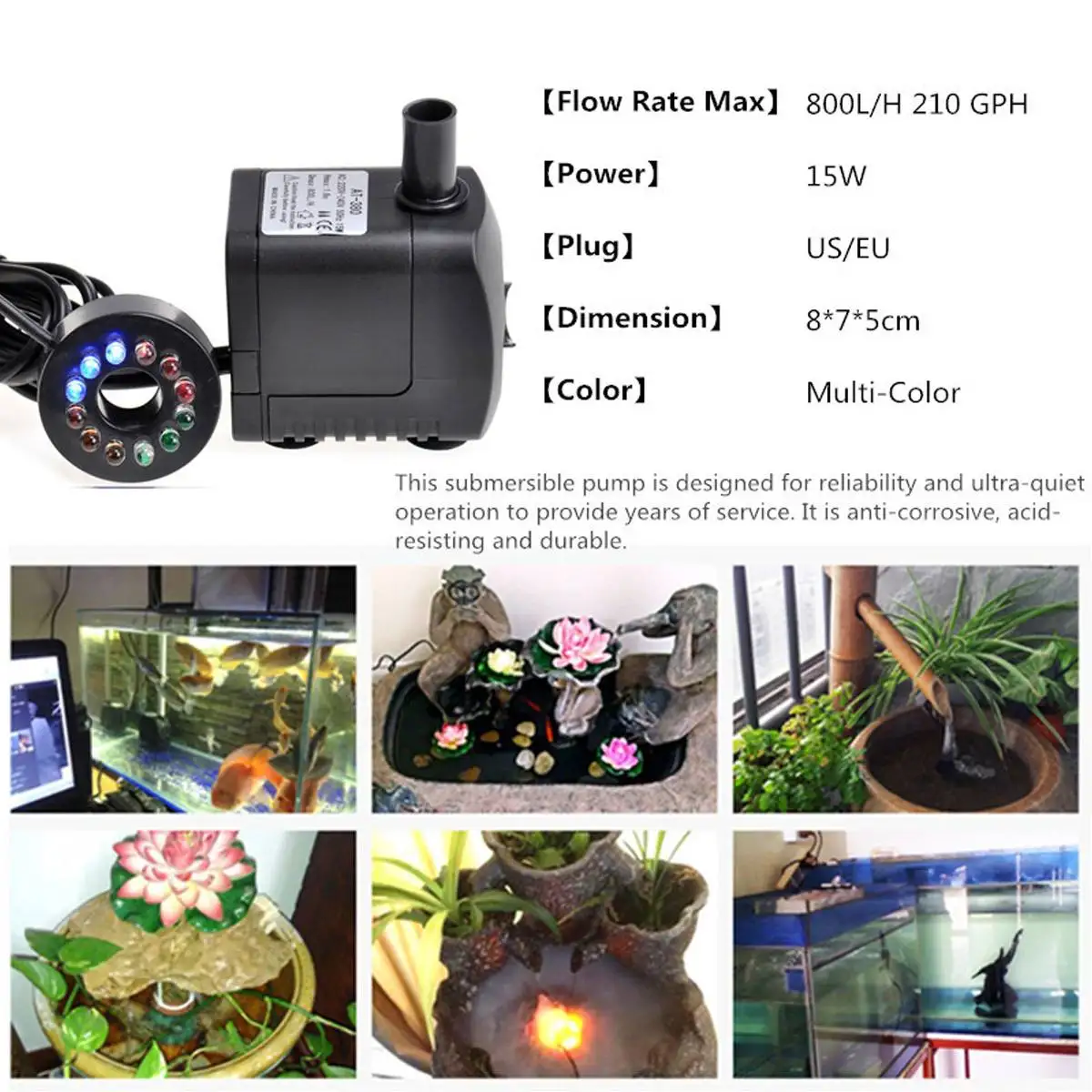 15W 12 LED Light Submersible 800L/H Water Pump Aquariums Fish Pond Fountain Sump Waterfall US/EU/UK Plug