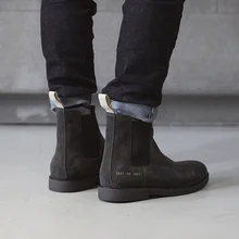 New Winter Chelsea Genuine Leather Men Boots Platform Flat men’s Boot Shoes Deep Grey Apricot Slip On Ankle Boots