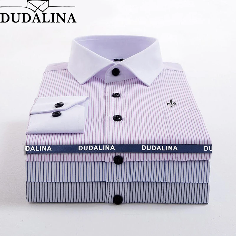 Achat DUDALINA Rayé Poche Hommes Vêtements Slim Fit Hommes Manches Longues Chemise Hommes Polka Dot Casual Hommes Chemise Sociale Plus La Taille m 5XL