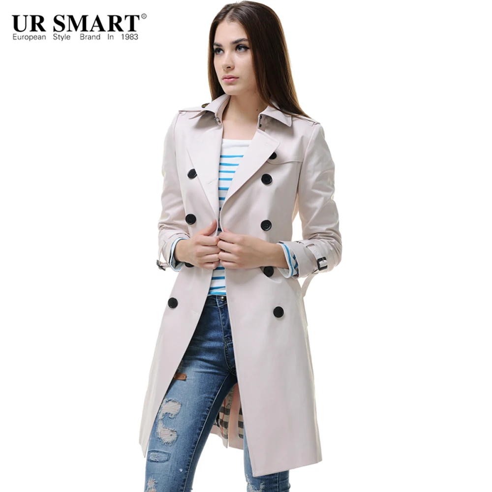 

URSMART in Ms. Slim waist long coat female elegance beige windbreaker jacket