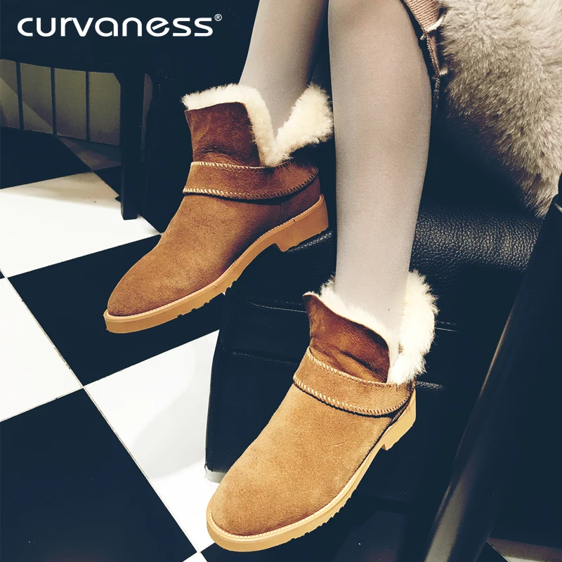 

Curvaness Leather Wool One Snow Boots Female Short Tube Winter New Leather Low Heel Boots Pure Wool Australia Warm Cotton Boots