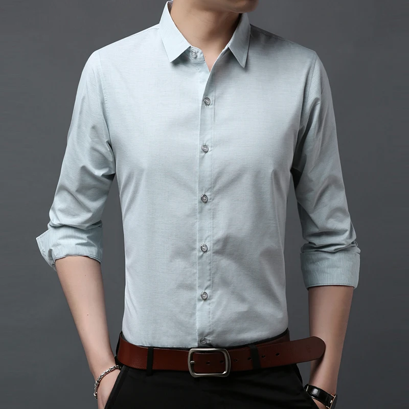 Для мужчин с длинным рукавом рубашка Slim fit 2019 новые весенние однотонные в полоску