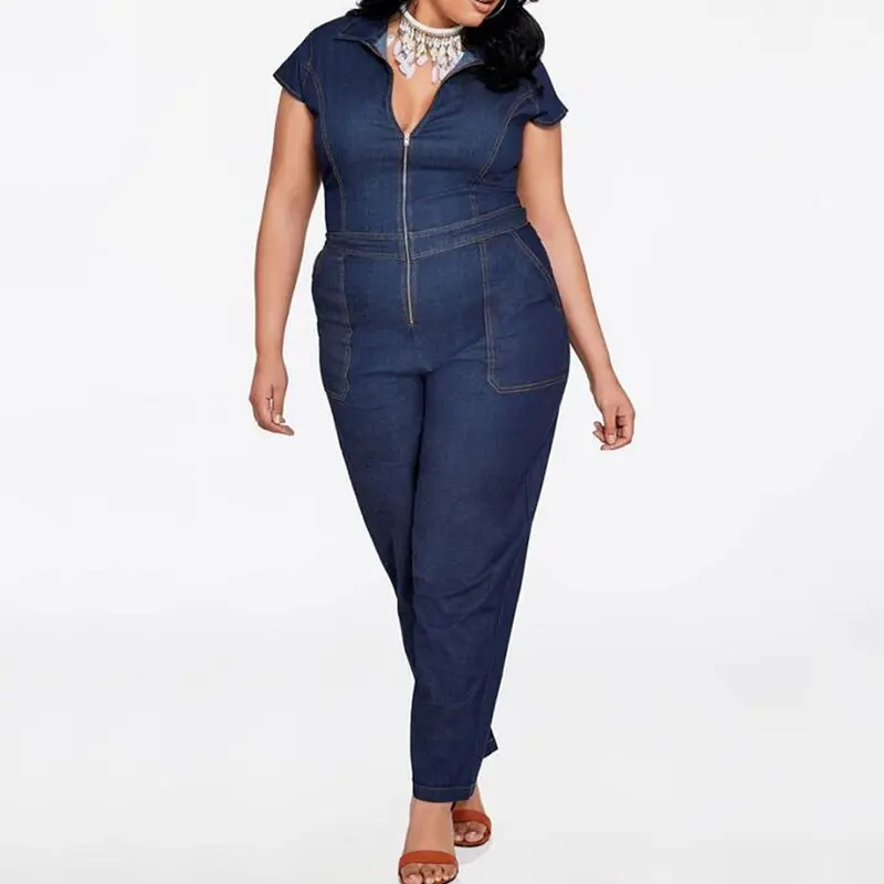 

Women Summer Denim Jumpsuit Plus Size Short Sleeve 2019 Retro Causal Overalls Slim Zipper Pockets Fashion Street Long Jumpsuits