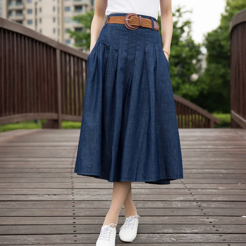 Новая мода Джинсовая плиссированная юбка Универсальная Женская длинная Макси эластичная талия размера плюс юбка с карманами и поясом - Цвет: deep blue denim