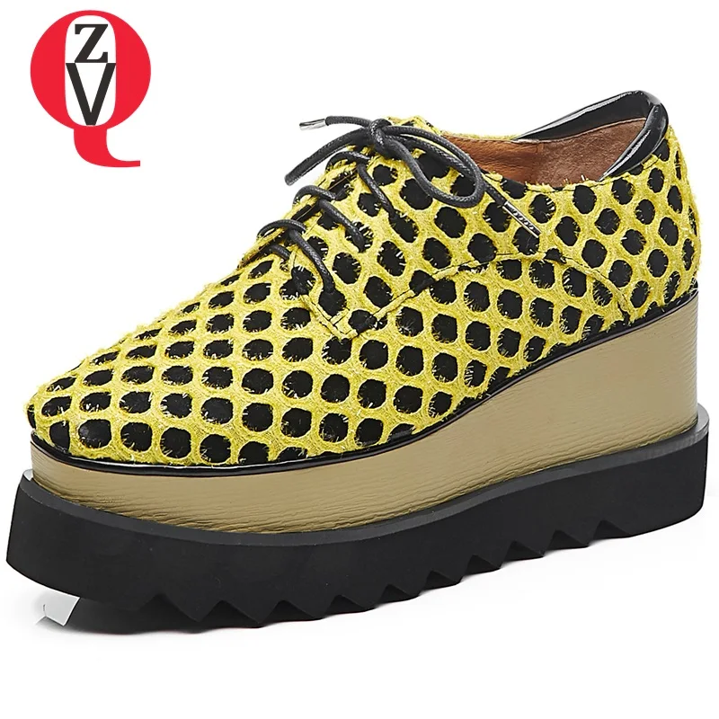 

ZVQ Pigskin Genuine Leather Women Pumps Spring Autumn Polka dot pattern Lace-Up Square Toe High heels Platform shoes Punk girl