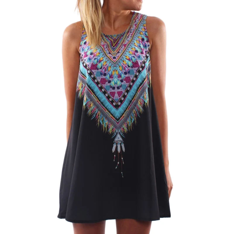 

2019 Ladies Women Boho Dresses Ethnic Style Vintage 3D Print Summer Sleeveless Beach Dresses Loose Floral Casual Vestidos