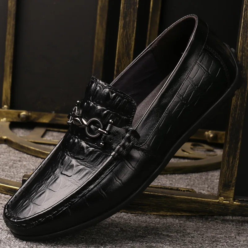 

2019 spring and autumn peas first layer leather men's one pedal lazy shoes crocodile pattern casual shoes