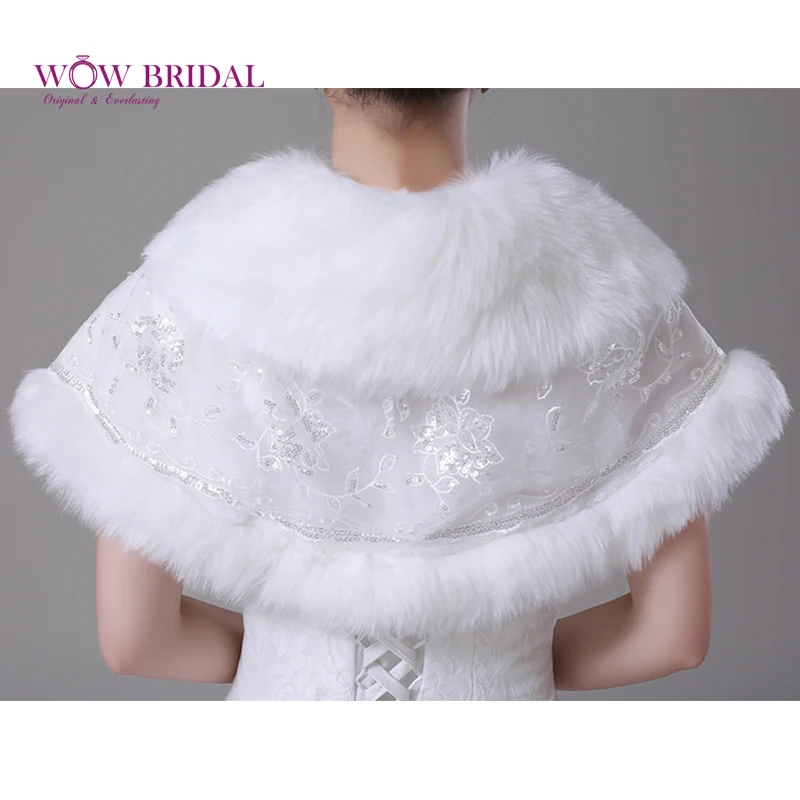 Wowbridal изящные белый свадьбы обертывание подчинение искусственного меха шаблон блестки бисером с бантом шаль свадебные аксессуары пальто