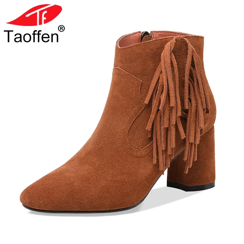

TAOFFEN 4 Colors Women High Heel Boots Genuine Leather Zipper Fringes Ankle Botas Ornate Shoes Woman Footwear Size 34-39