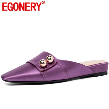 

EGONERY purple sheepskin insole leather woman slippers summer flat with mules shoes sweet girl sandals outside slides