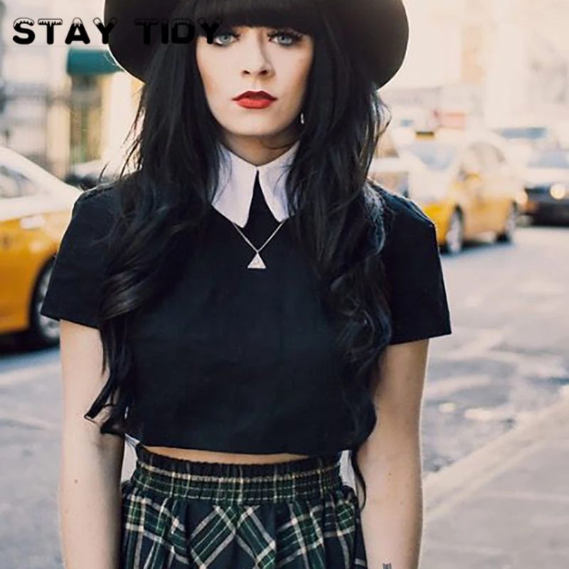 

STAY TIDY Gothic Preppy Style Plaid Print Crop Tops 2019 Summer Women Short Sleeve Turn Down Collar Back Zipper T Shirt Punk Tee
