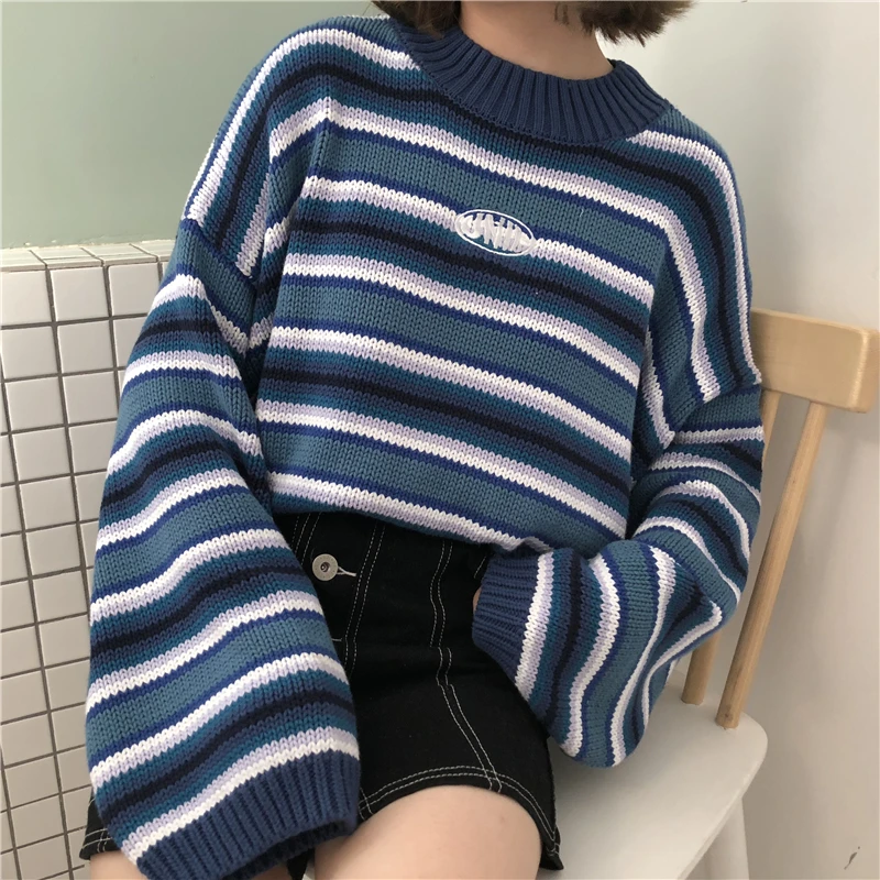 

2019 Spring New ulzzang Harajuku Kawaii Women Sweater Cute Sweet Vintage Striped Oversized Knit Pullover Sweaters crop Top