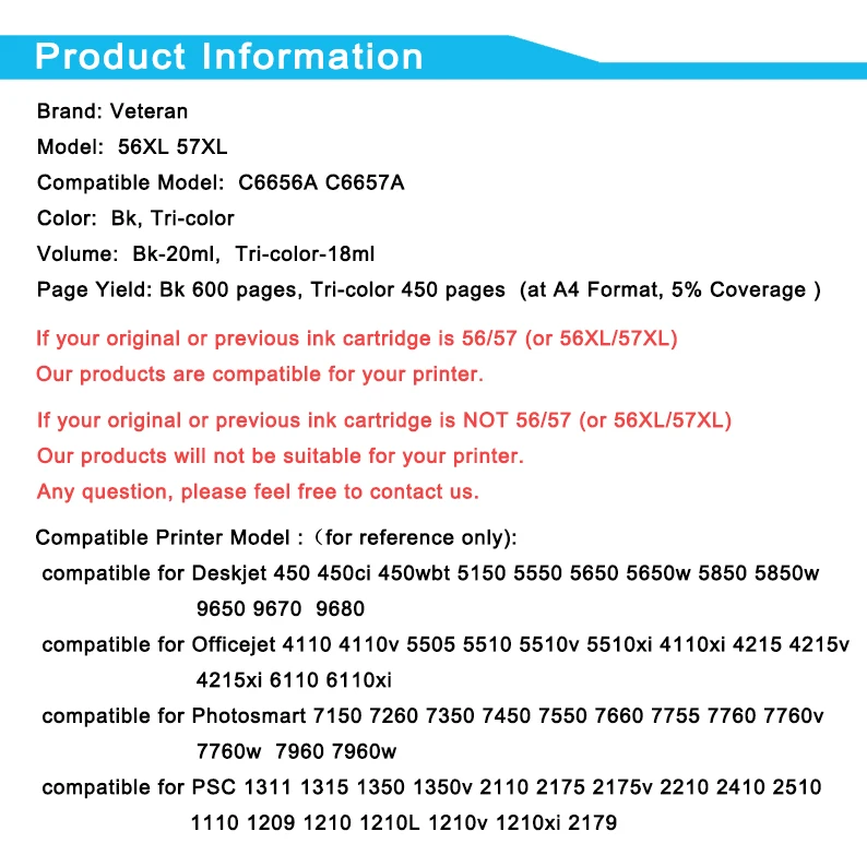 Чернильный картридж Veteran 56XL 57XL совместимый с hp 56 57 hp56 hp57 Deskjet 450 450cbi 450ci 450wbt F4140 F4180 5150