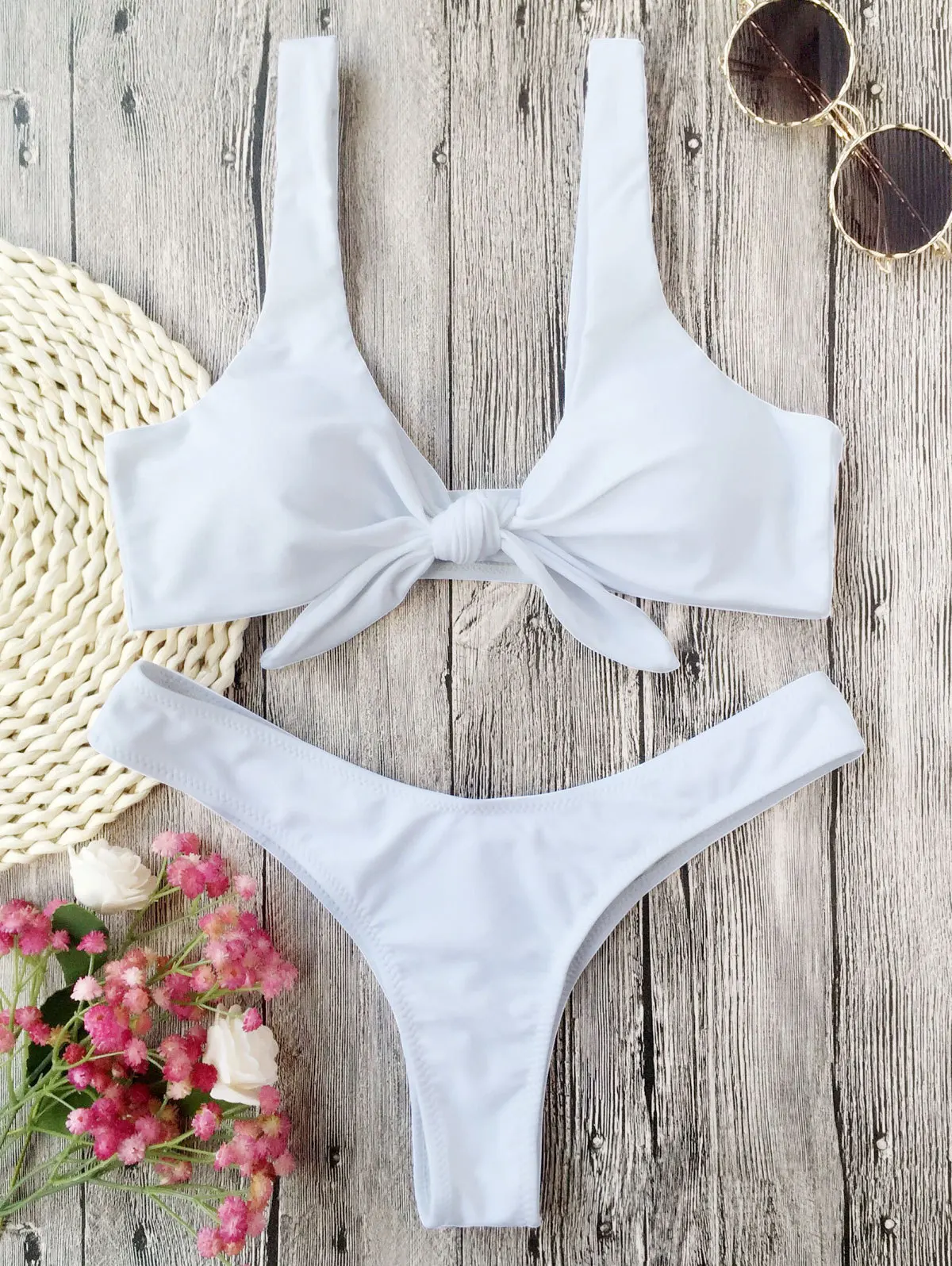 

Shoulder Strap Padded Tied Solid Color Low Waist Swimsuit Women Bikini Set 2019