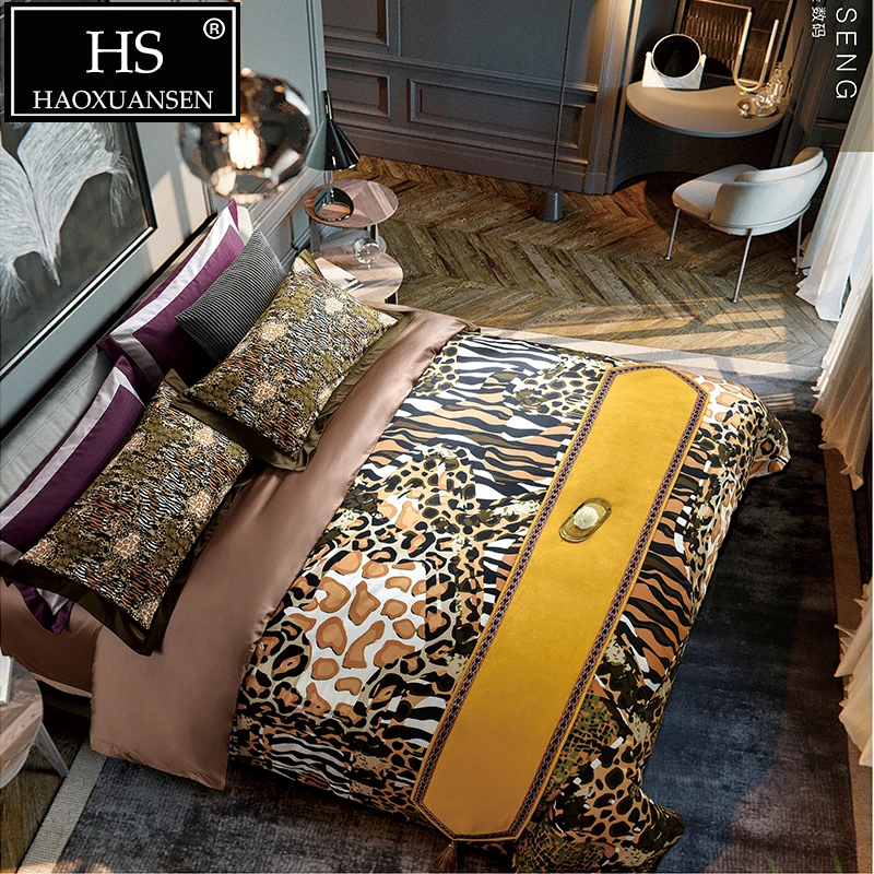 

High Quality 100% Cotton 4pcs Bedding Sets Leopard Printed Bed Linen Set Queen King Size Adult Duvet Cover Bed Sheet Set 100S