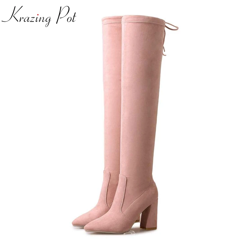 

Krazing pot 2019 flannel velvet keep warm thick high heels stretch long boots thin legs fashion lace up over-the-knee boots L63