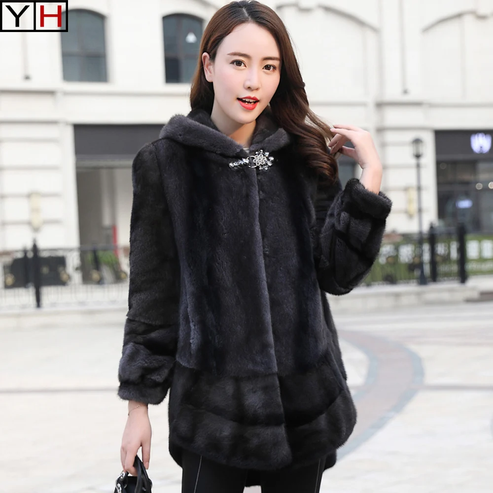 Luxury Genuine Piece Mink Fur Coat Jacket Autumn Winter Women Warm Real