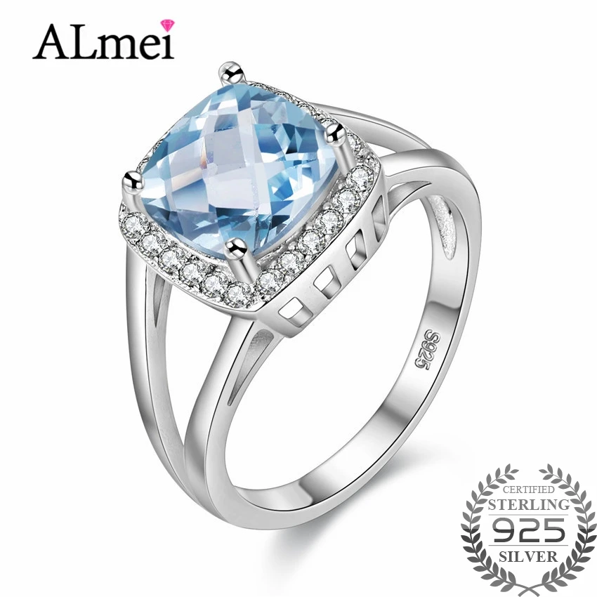 

Almei London Blue Topaz Ring 925 Solid Sterling Silver Natural Rhinestone Trendy Jewelry Accessory for Women with Box 40% FJ047