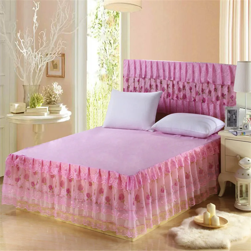 polyester 1pc pink bed skirt lace princess bedding bedspreads skirt lace ruffles bed skirts twin full queen size princess style 