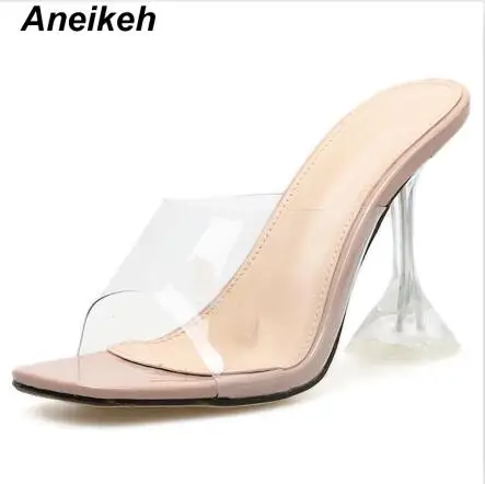 Aneikeh New Summer Rome PVC Transparent Slippers Women's Shoes Open Toe Clear Thin High Heel Crystal Orange Apricot Silver - Цвет: Apricot