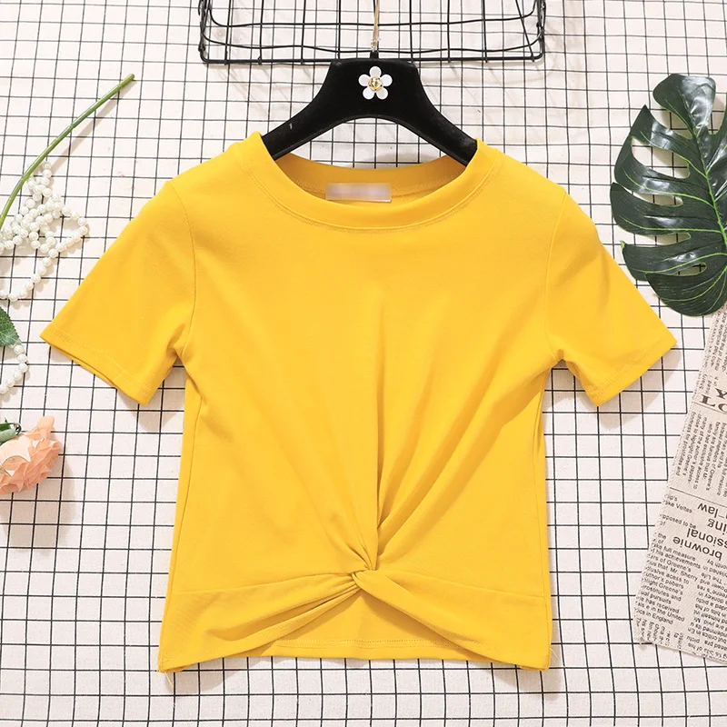 

New Women Summer O-neck Short Sleeve Knot Cotton Basic T-Shirt Casual Solid Color Short Elastic Slim High Waist Crop Tops