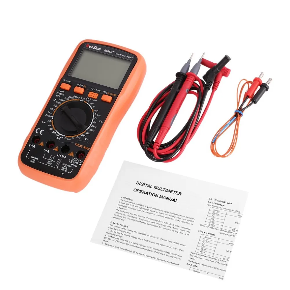 

RuoShui 9805A+ Digital Multimeter 1999 Counts True RMS AC/DC Volt Amp Ohm Temperature Inductance Diode hFE Continuity Tester