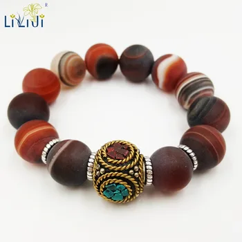 

LiiJi Unique Natural Stone Red Brown line Agates Tibet Turquoises Charm Fashion Men Bracelet Approx 21cm/8.25inches