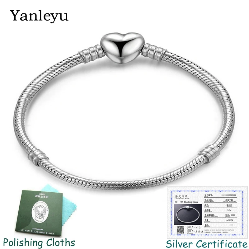 

Send Silver Certificate! Yanleyu Original 925 Sterling Silver Chain Bangle Bracelets For Women Love Heart Fit Beads DIY PB034