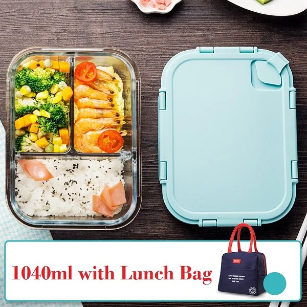 Three Compartments Противостоит 400 градусов стеклянный Ланч-бокс с прочной фиксирующей крышкой и отверстием герметичные ланчбоксы для женщин и взрослых-розовый синий - Цвет: Three Compartments