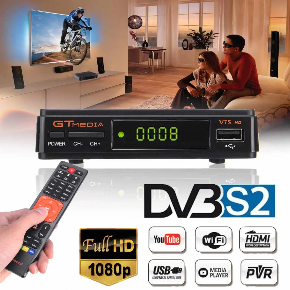 

GTMEDIA FREESAT V7S DVB-S2 HD WiFi PowerVu Biss Key Cccamd AVS+